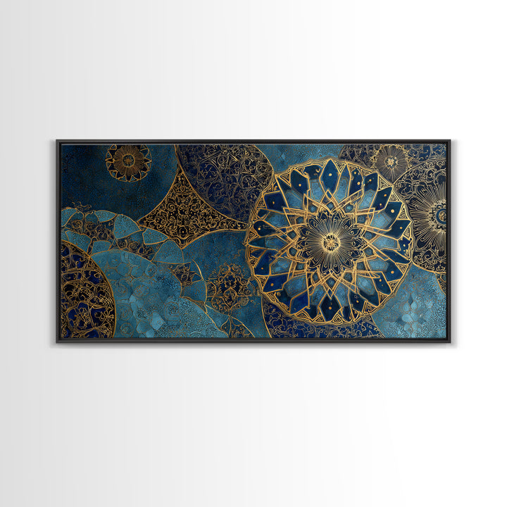Blue Gold Islamic Mandala Wall Art, Moroccan Geometric Canvas Print, Arabic Home Decor, Large Living Room Wall Decor, Gift
