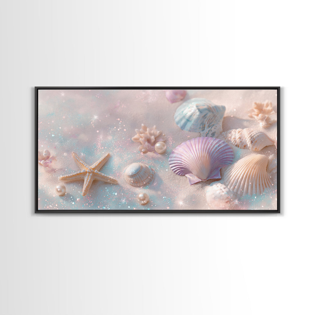 Pastel Seashells And Starfish Canvas Print, Coastal Beach Wall Art, Beach House Decor, Pastel Bathroom Decor, Ocean Nursery Gift For Her