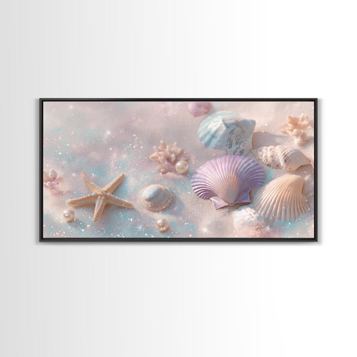 Pastel Seashells And Starfish Canvas Print, Coastal Beach Wall Art, Beach House Decor, Pastel Bathroom Decor, Ocean Nursery Gift For Her