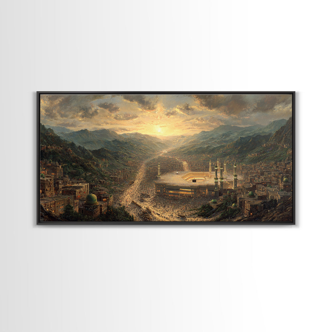 Mecca Sunset Valley And Holy Mosque Canvas Print, Islamic Wall Art, Panoramic Landscape Art For Prayer Room Decor Gift Idea