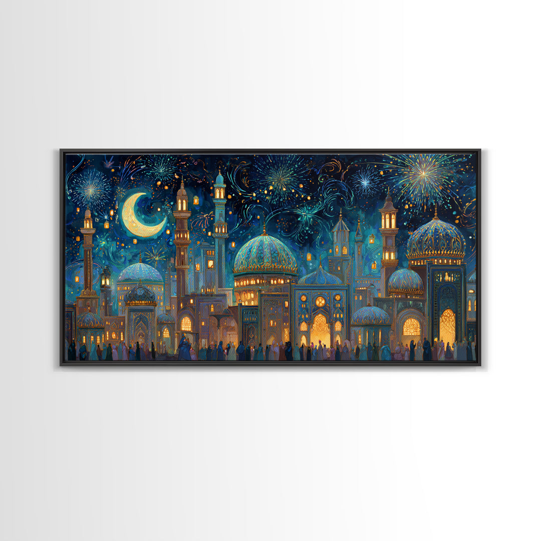 Festive Islamic City With Crescent Moon Framed Canvas Print, Ramadan Wall Art, Moroccan Decor, Eid Gift, Celestial Poster