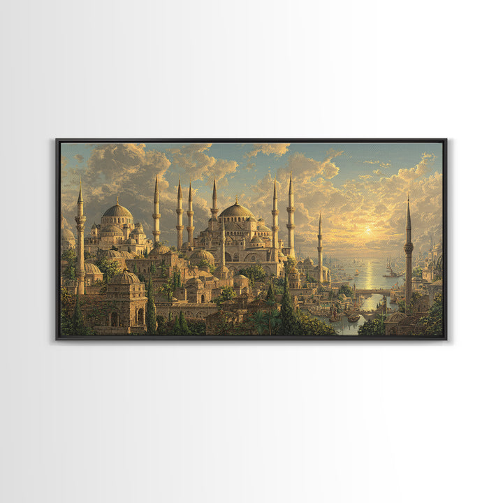 Golden Istanbul Mosque Skyline At Sunset Canvas Print, Islamic Architecture Wall Art, Travel Poster, Elegant Home Decor Gift