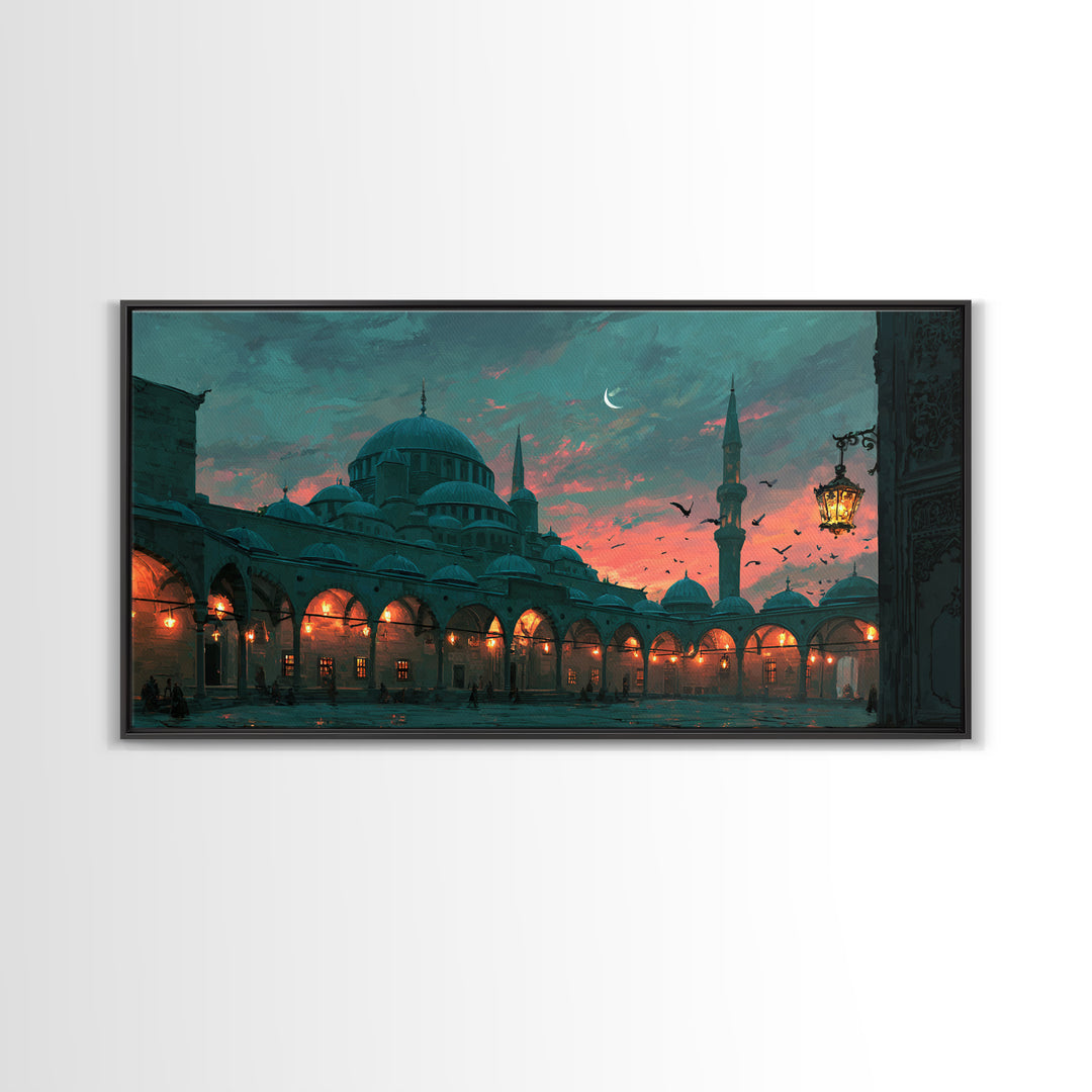 Twilight Mosque Courtyard Framed Canvas Print, Islamic Architecture Wall Art, Istanbul Travel Poster And Prayer Room Decor