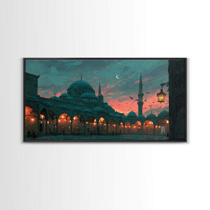 Twilight Mosque Courtyard Framed Canvas Print, Islamic Architecture Wall Art, Istanbul Travel Poster And Prayer Room Decor