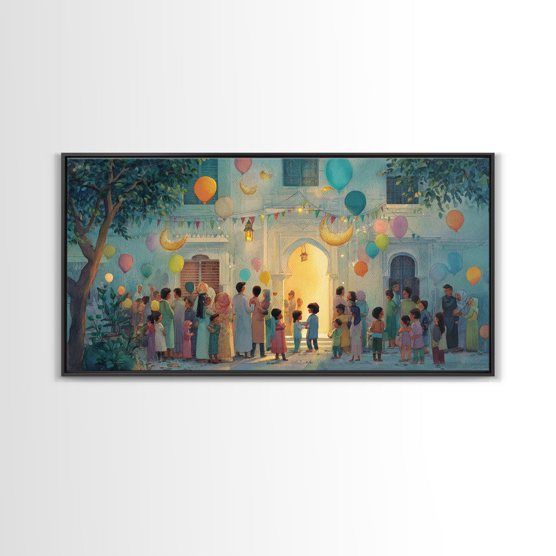 Ramadan Courtyard Celebration With Balloons Wall Art, Islamic Home Decor, Family Gathering Print, Eid Housewarming Gift Idea