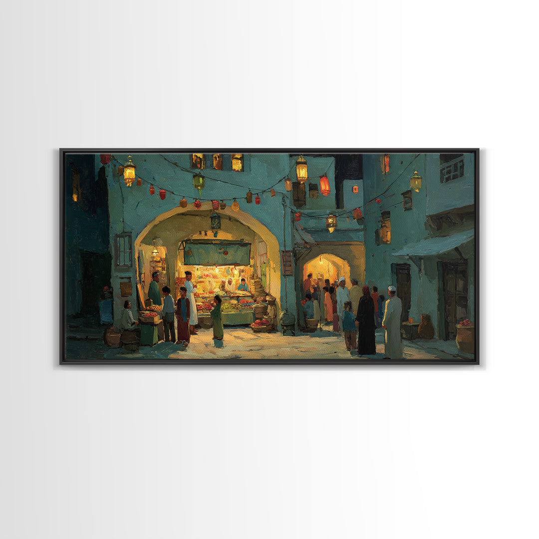 Middle Eastern Night Bazaar Wall Art, Glowing Shopfront Alley Scene, Moroccan Decor, Islamic Home Decor, Housewarming Gift
