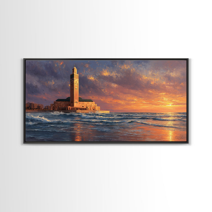 Casablanca Mosque Sunset Wall Art, Moroccan Coastal Seascape Canvas Print, Islamic Architecture, Ocean Decor For Living Room