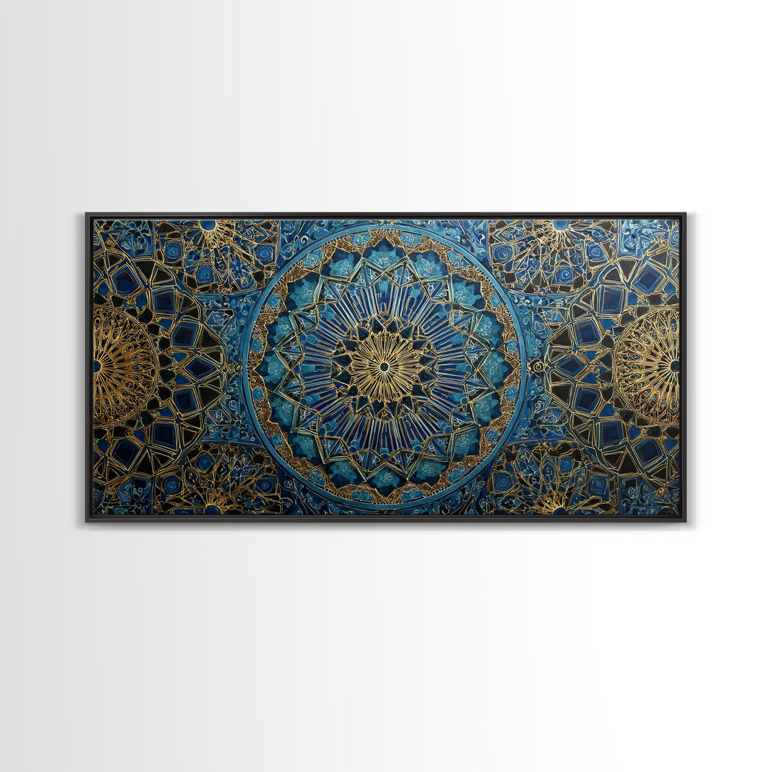 Blue Gold Islamic Geometric Wall Art, Moroccan Mosaic Canvas Print, Sacred Geometry Decor, Luxury Prayer Room Wall Decor