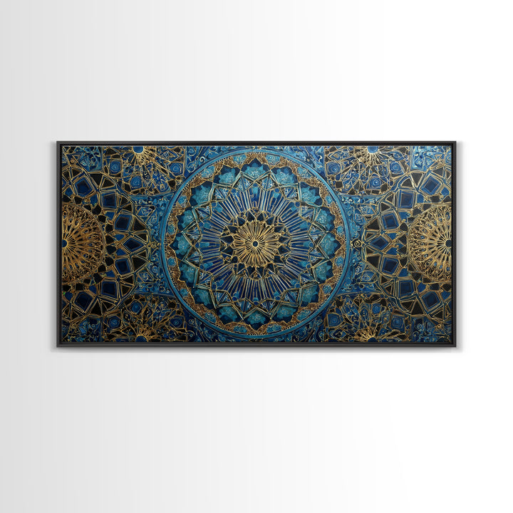 Blue Gold Islamic Geometric Wall Art, Moroccan Mosaic Canvas Print, Sacred Geometry Decor, Luxury Prayer Room Wall Decor