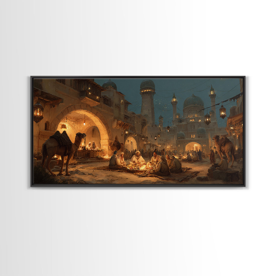 Arabian Night Market With Camels Wall Art, Middle Eastern Cityscape Canvas Print, Warm Lantern Decor, Travel Gift For Living Room