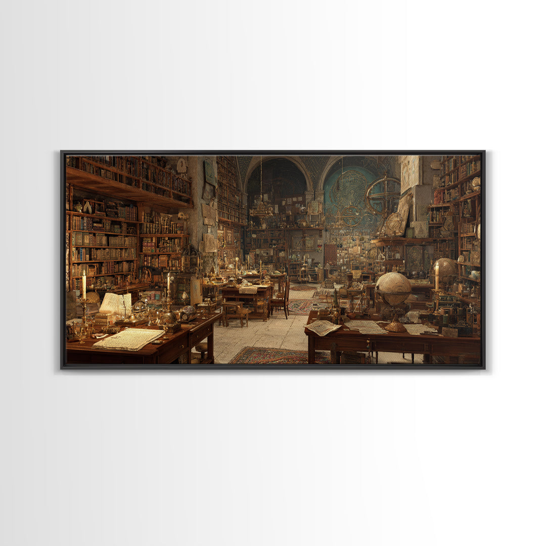 Ancient Library Alchemist Study Canvas Print, Dark Academia Wall Art, Gothic Library Decor, Book Lover Fantasy Art Print