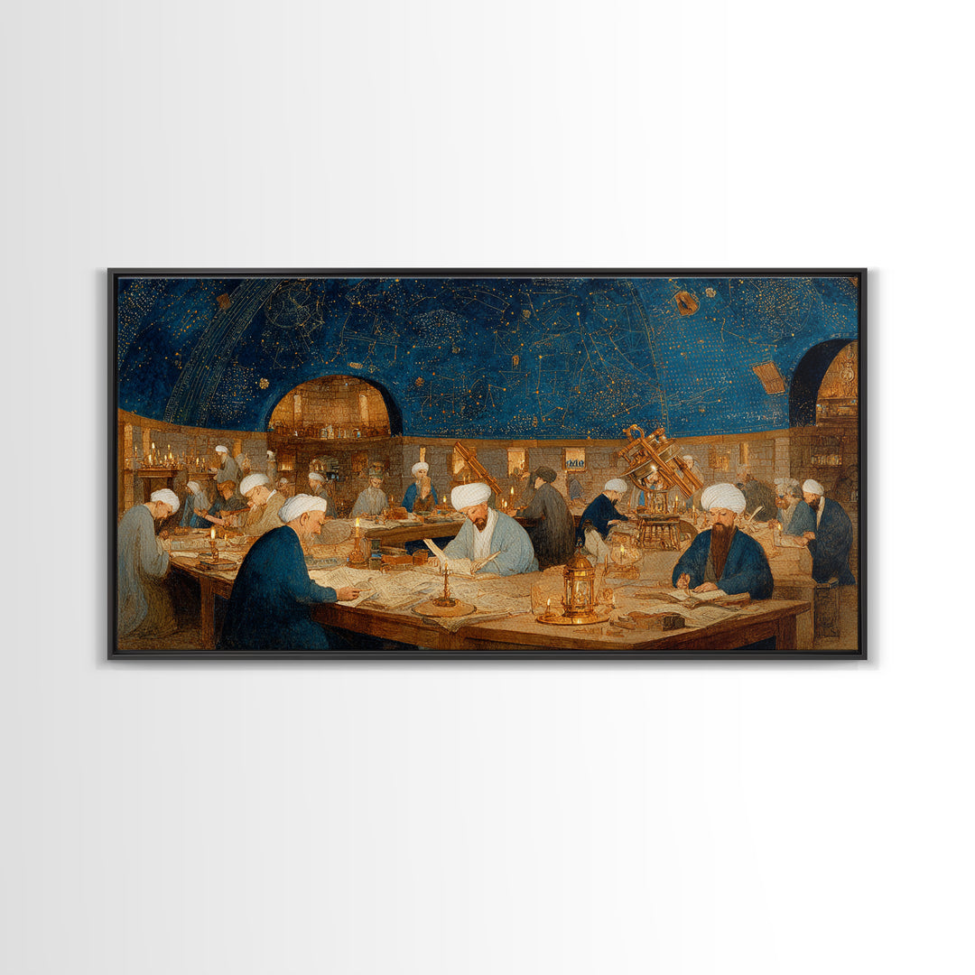 Starlit Islamic Observatory Wall Art, Scholars And Astrolabe Canvas, Arabic Astronomy Decor, Dark Academia Art Print Gift