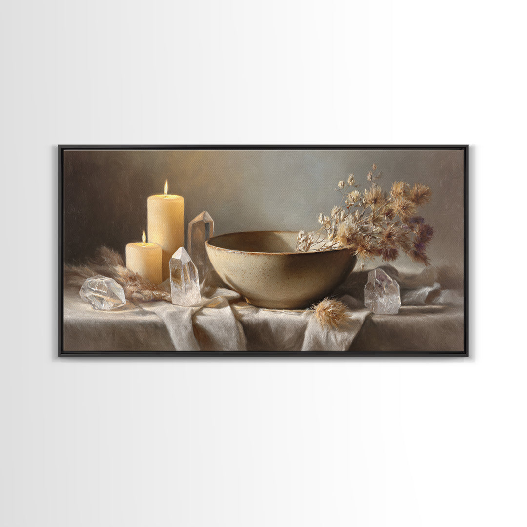 Candles Crystals And Ceramic Bowl Wall Art, Zen Spa Canvas Print, Neutral Still Life Decor, Meditation Room Housewarming Gift