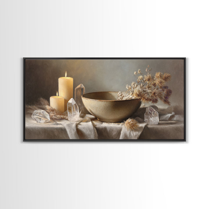 Candles Crystals And Ceramic Bowl Wall Art, Zen Spa Canvas Print, Neutral Still Life Decor, Meditation Room Housewarming Gift