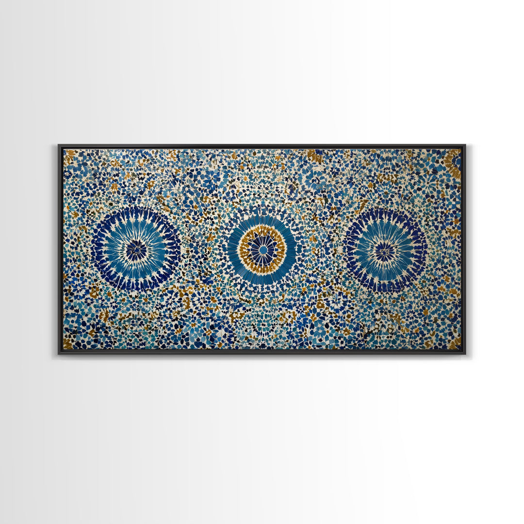 Blue Moroccan Geometric Mosaic Wall Art, Islamic Tile Pattern Canvas Print, Mediterranean Decor, Boho Home Accent Gift Idea