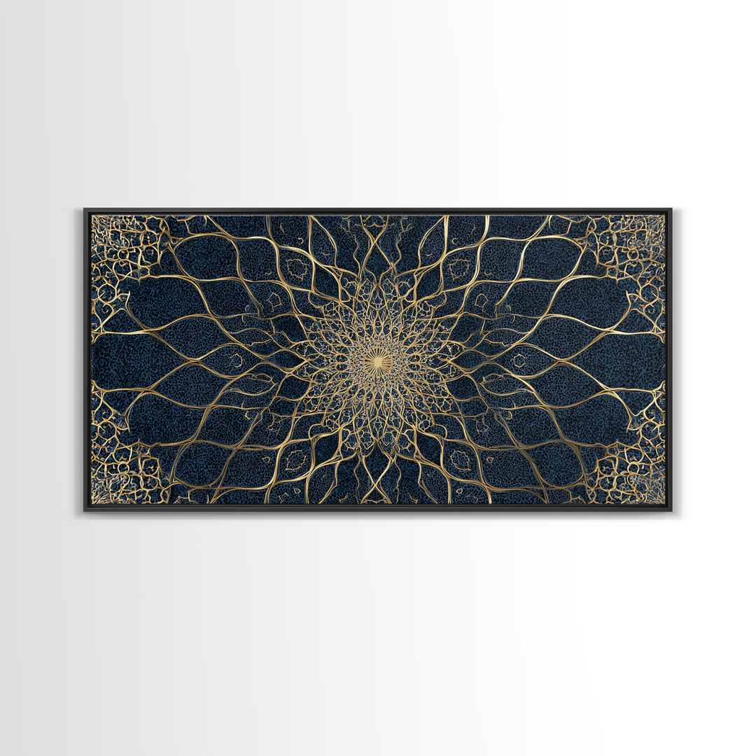 Navy Gold Sacred Geometry Mandala Wall Art, Mystical Spiritual Canvas Wall Art For Meditation Room Decor And Modern Home Decor