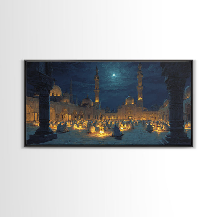Moonlit Mosque Courtyard With Lanterns Canvas Print, Islamic Wall Art, Prayer Room Decor And Ramadan Gift Idea For Serene Home Decor
