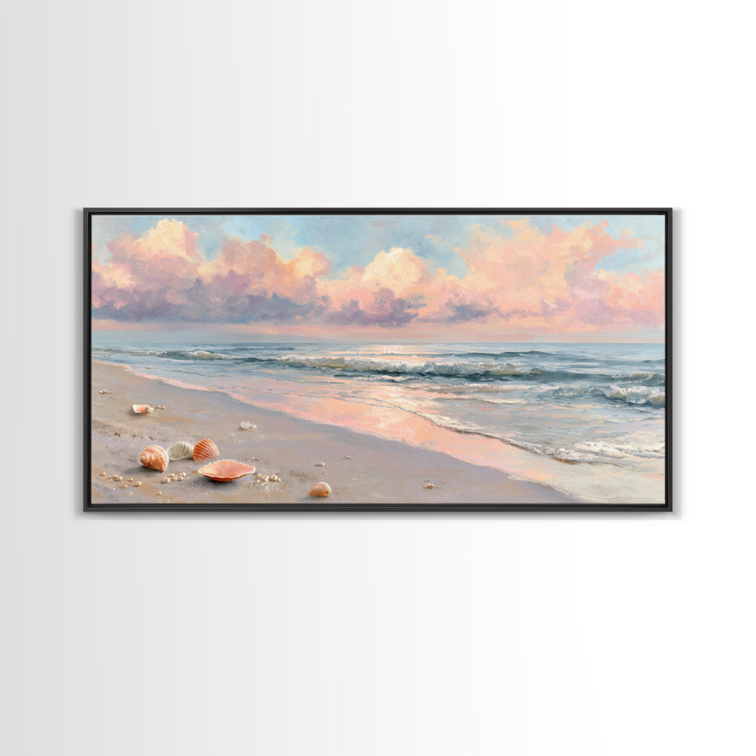 Pastel Ocean Beach Seascape Canvas Print, Coastal Wall Art, Shells And Waves Decor, Beach House Living Room Wall Decor, Gift For Her