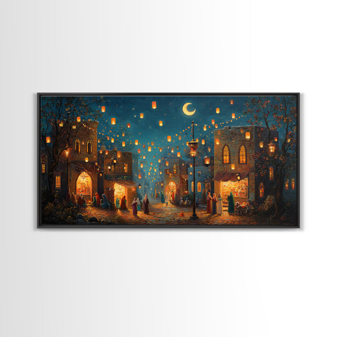Lantern Lit Old City Bazaar Canvas Print, Crescent Moon Islamic Wall Art, Moroccan Night Market Decor And Ramadan Gift For Home Decor