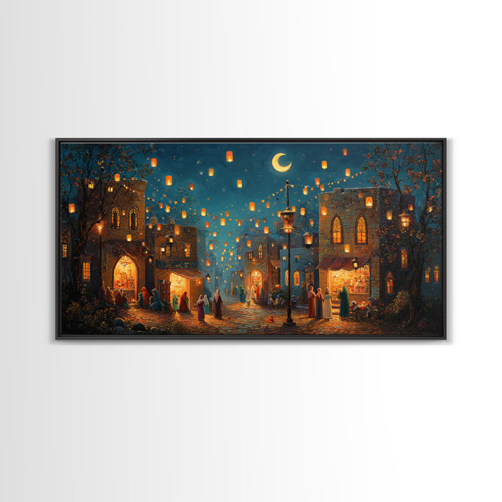 Lantern Lit Old City Bazaar Canvas Print, Crescent Moon Islamic Wall Art, Moroccan Night Market Decor And Ramadan Gift For Home Decor