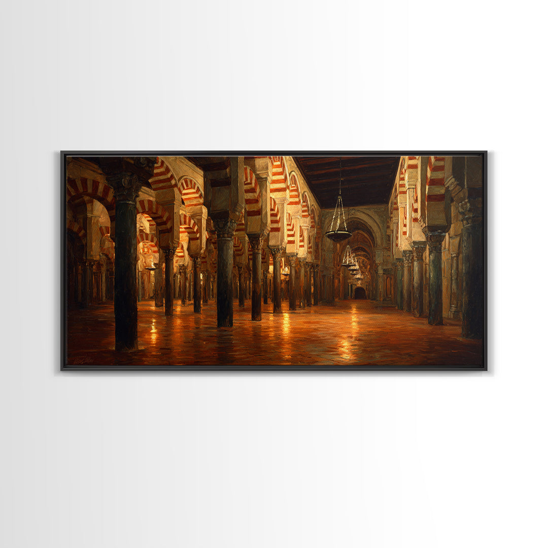 Ornate Islamic Arch Hall Wall Art, Mosque Interior Canvas Print, Moorish Architecture Decor, Warm Historical Home Wall Decor