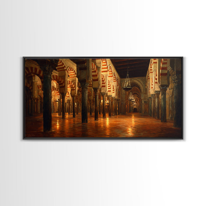 Ornate Islamic Arch Hall Wall Art, Mosque Interior Canvas Print, Moorish Architecture Decor, Warm Historical Home Wall Decor