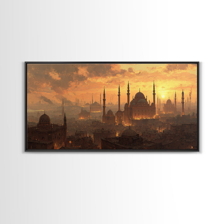 Golden Istanbul Mosque Skyline Wall Art, Islamic Architecture Canvas Print, Sunset Cityscape, Travel Inspired Living Room Decor