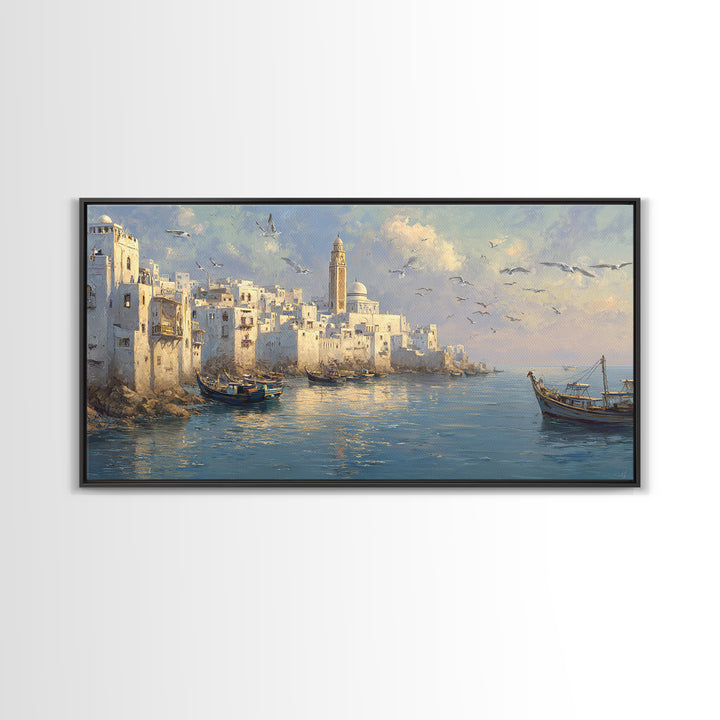 White Mediterranean Harbor With Boats And Seagulls Canvas Print, Coastal Wall Art, Italy Travel Poster, Living Room Decor