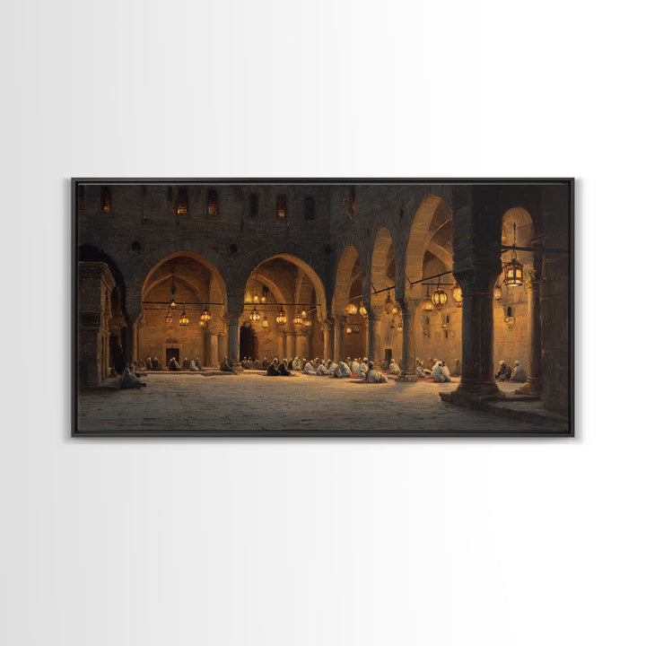 Candlelit Stone Arcade Prayer Scene Wall Art, Islamic Architecture Print, Moody Historic Decor, Large Framed Canvas, Living Room Decor