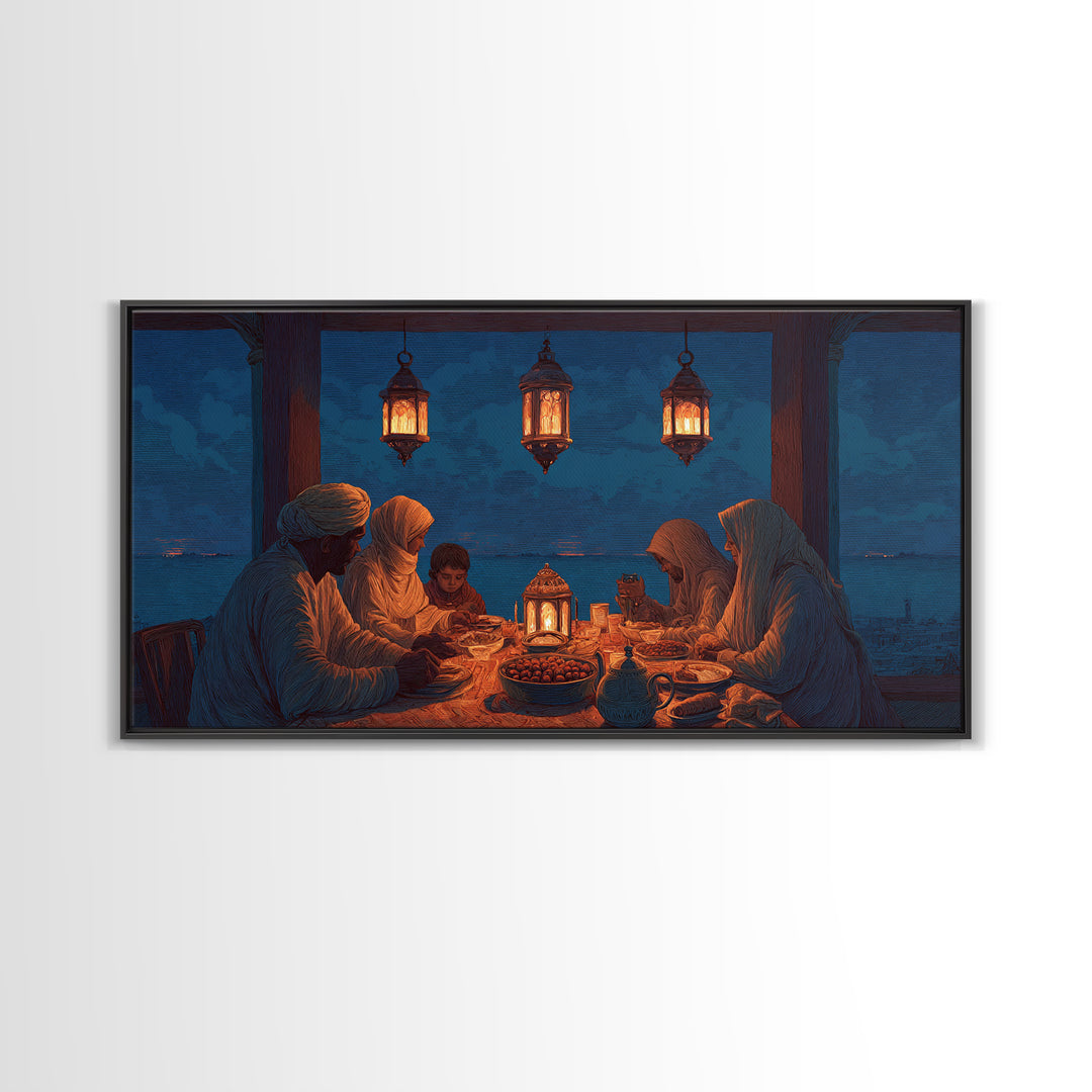 Ramadan Family Iftar By Lantern Light Wall Art, Islamic Canvas Print, Warm Spiritual Decor For Dining Room And Home, Prayer Room