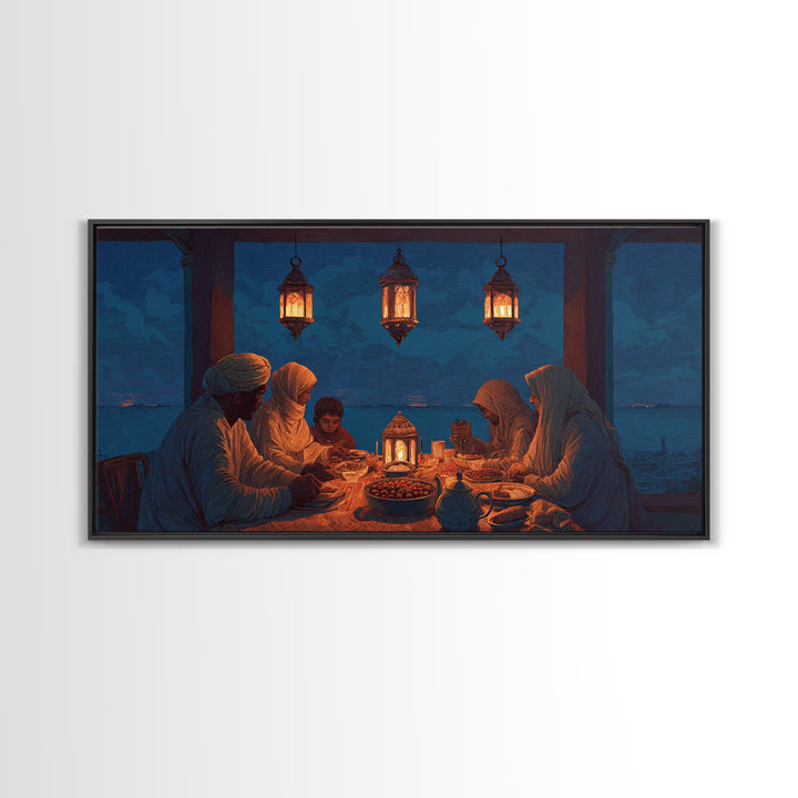 Ramadan Family Iftar By Lantern Light Wall Art, Islamic Canvas Print, Warm Spiritual Decor For Dining Room And Home, Prayer Room