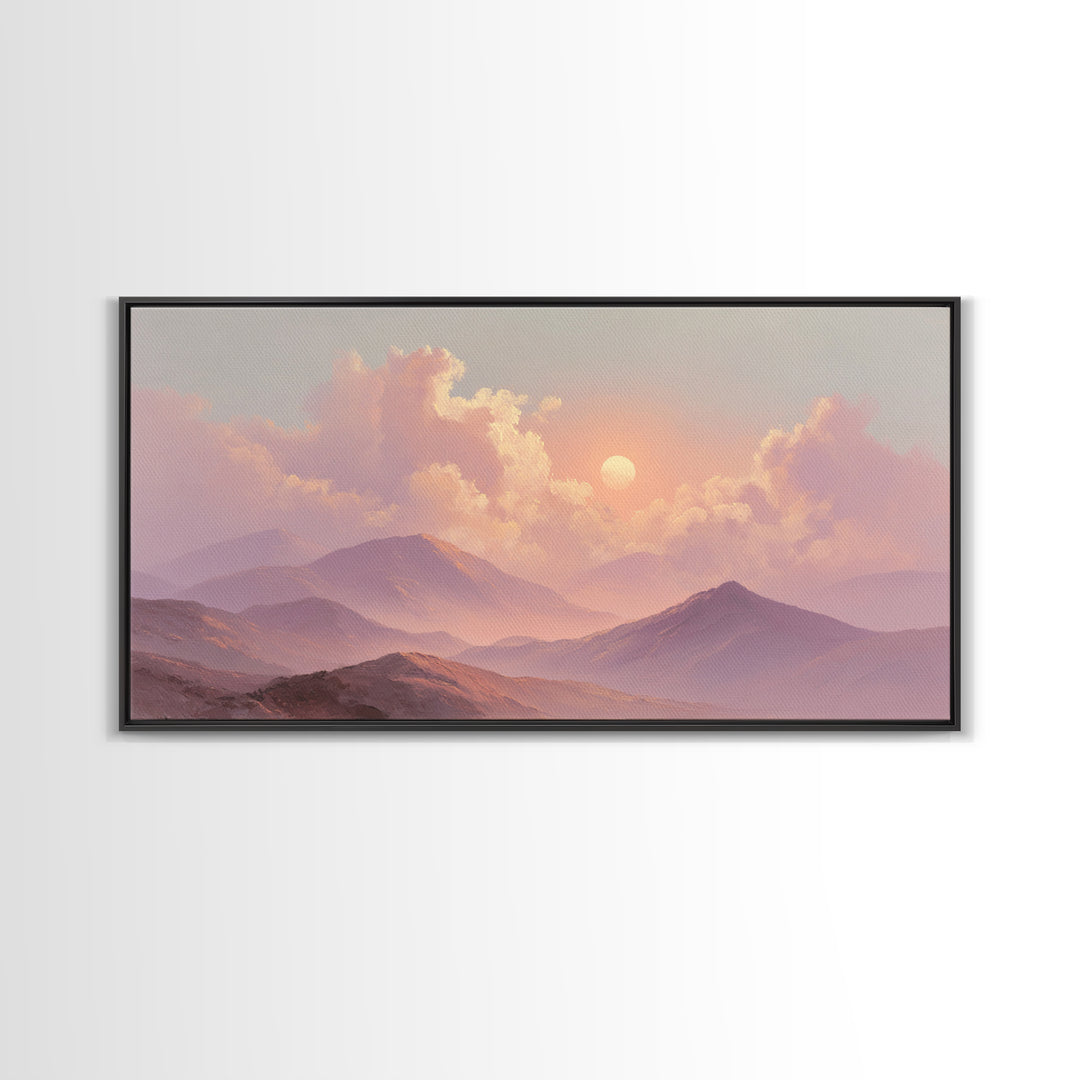 Misty Pink Mountain Sunset Wall Art, Pastel Landscape Canvas Print, Serene Nature Decor, Bedroom Above Bed Calming Wall Art