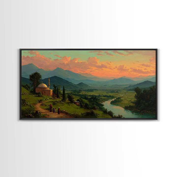 Mountain Valley Mosque At Golden Sunset Canvas Print, Panoramic Landscape Wall Art, Rustic Home Decor, Travel Poster, Fine Art Print