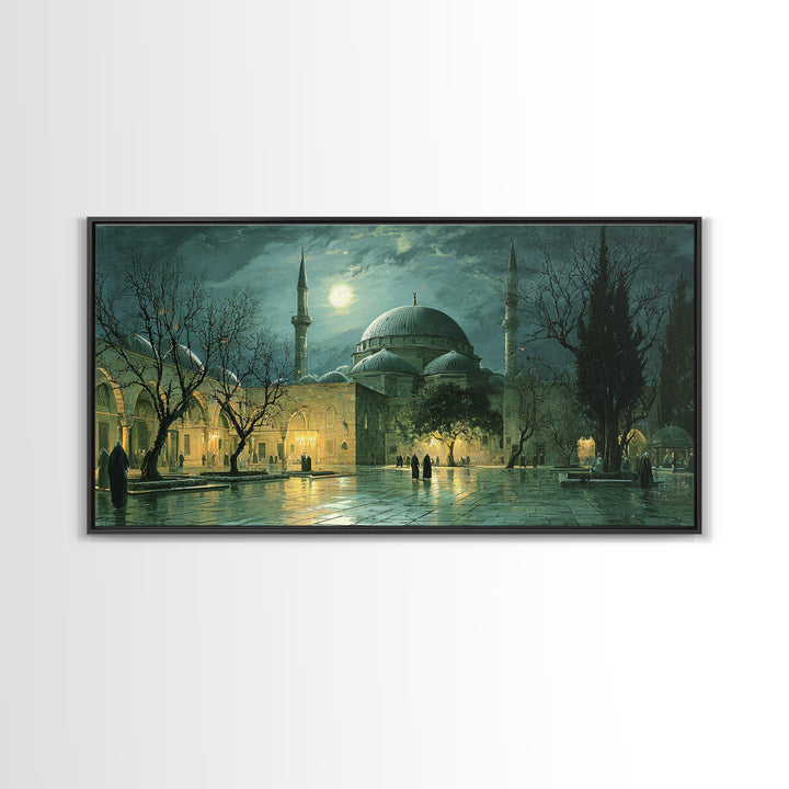 Moonlit Ottoman Mosque Wall Art, Islamic Architecture Canvas Print, Istanbul Landscape, Ramadan Decor, Elegant Home Decor