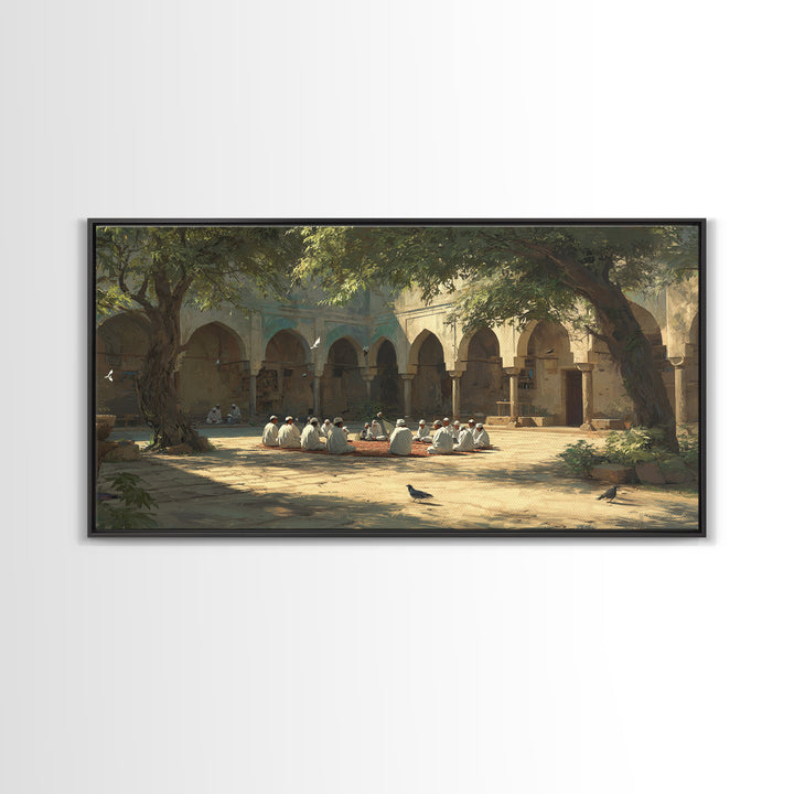 Sunlit Madrasa Courtyard Wall Art, Islamic Architecture Canvas Print, Peaceful Meditation Room Decor, Serene Travel Poster