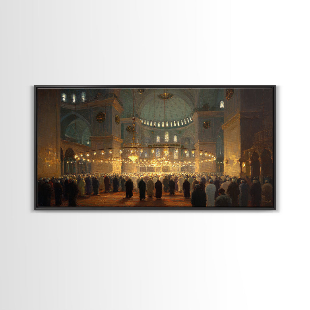 Golden Mosque Prayer Hall Interior Wall Art, Islamic Architecture Framed Canvas Print, Spiritual Decor, Eid Gift For Home
