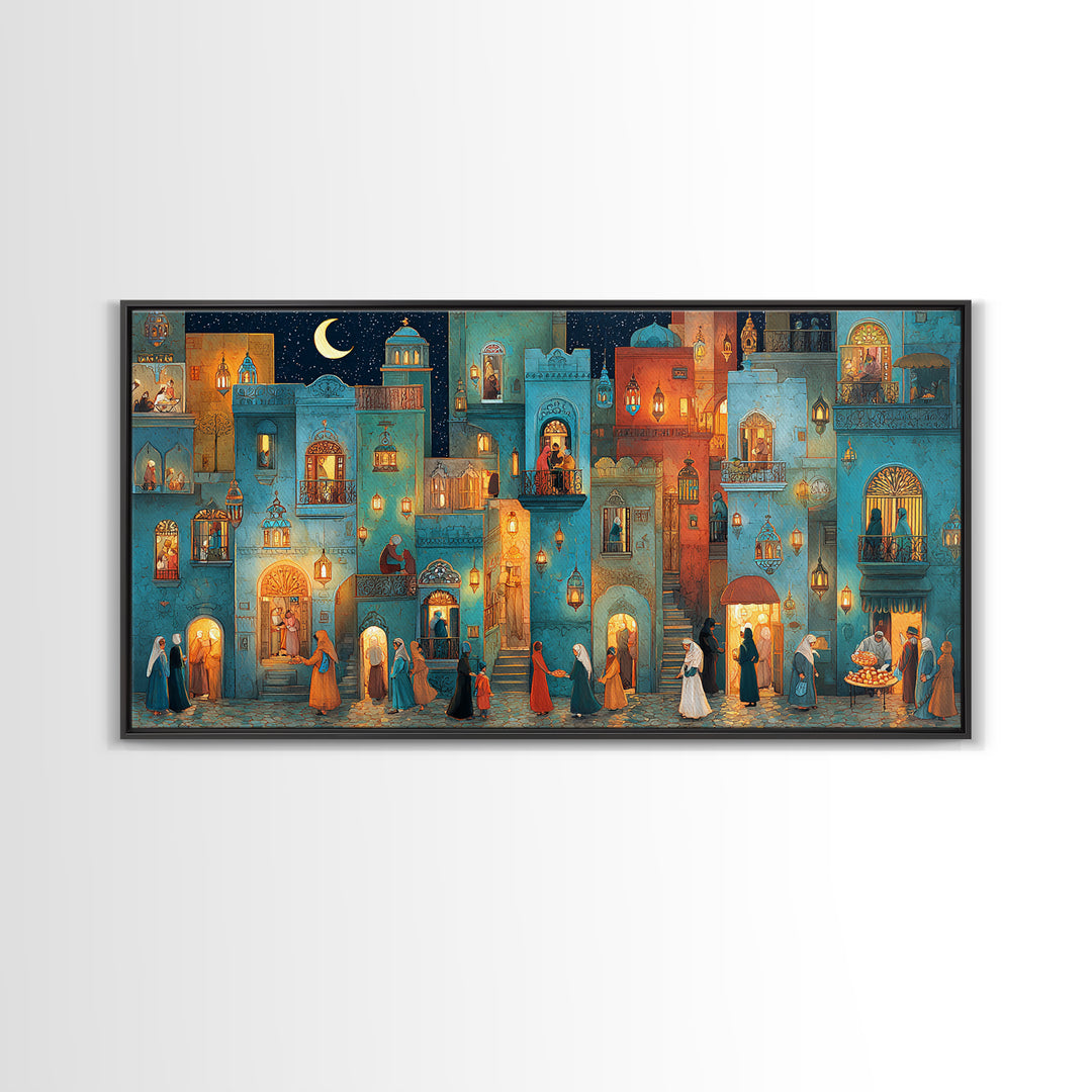 Moonlit Middle Eastern City Wall Art, Ramadan Night Canvas Print, Moroccan Decor, Islamic Home Decor, Housewarming New Home Gift