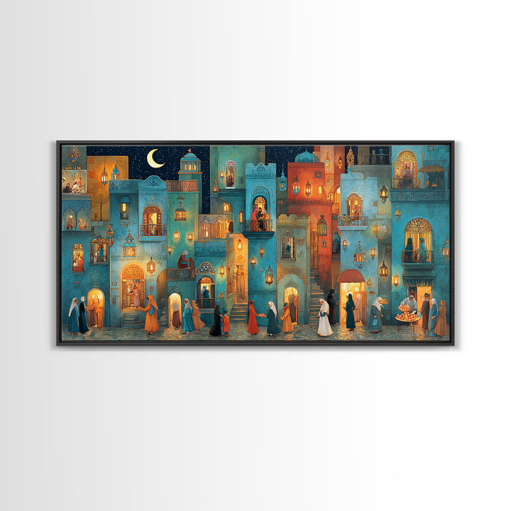 Moonlit Middle Eastern City Wall Art, Ramadan Night Canvas Print, Moroccan Decor, Islamic Home Decor, Housewarming New Home Gift