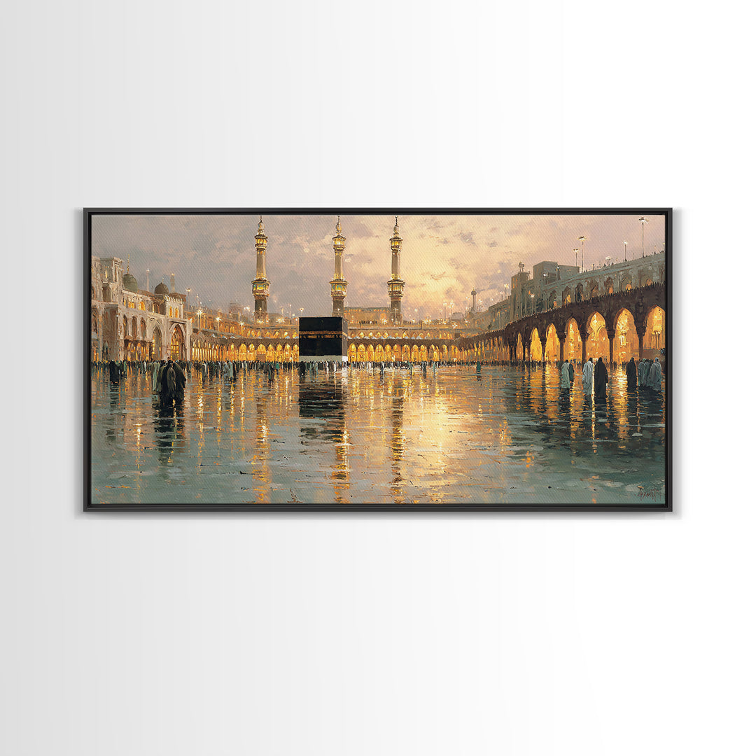Kaaba Reflection At Masjid Al Haram Framed Canvas Print, Islamic Wall Art, Mecca Mosque Decor, Ramadan Eid Gift For Home
