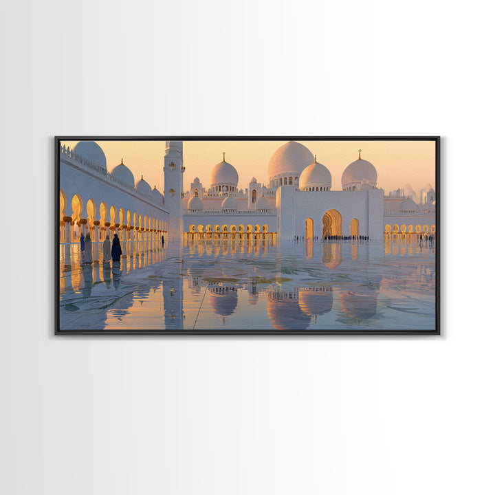 Golden Mosque Reflections Wall Art, Islamic Framed Canvas Print, Serene Architecture Decor For Prayer Room And Home, Office Decor