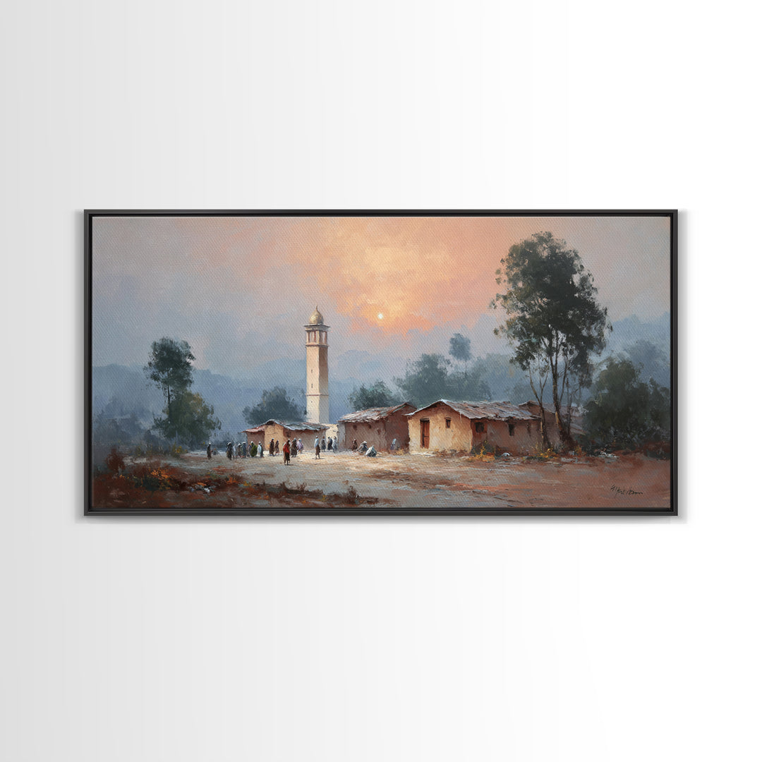 Sunset Mosque Village And Misty Rural Landscape Canvas Print, Country Wall Art, Rustic Home Decor, Housewarming Gift, Fine Art Print