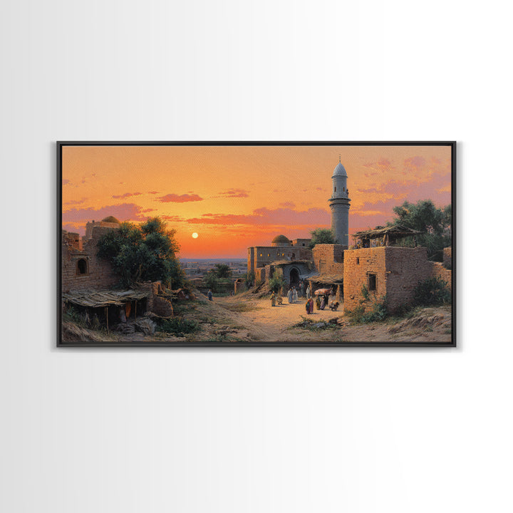 Sunset Village With Stone Mosque Wall Art, Middle Eastern Travel Poster, Islamic Home Decor, Warm Landscape Print, Gift Idea