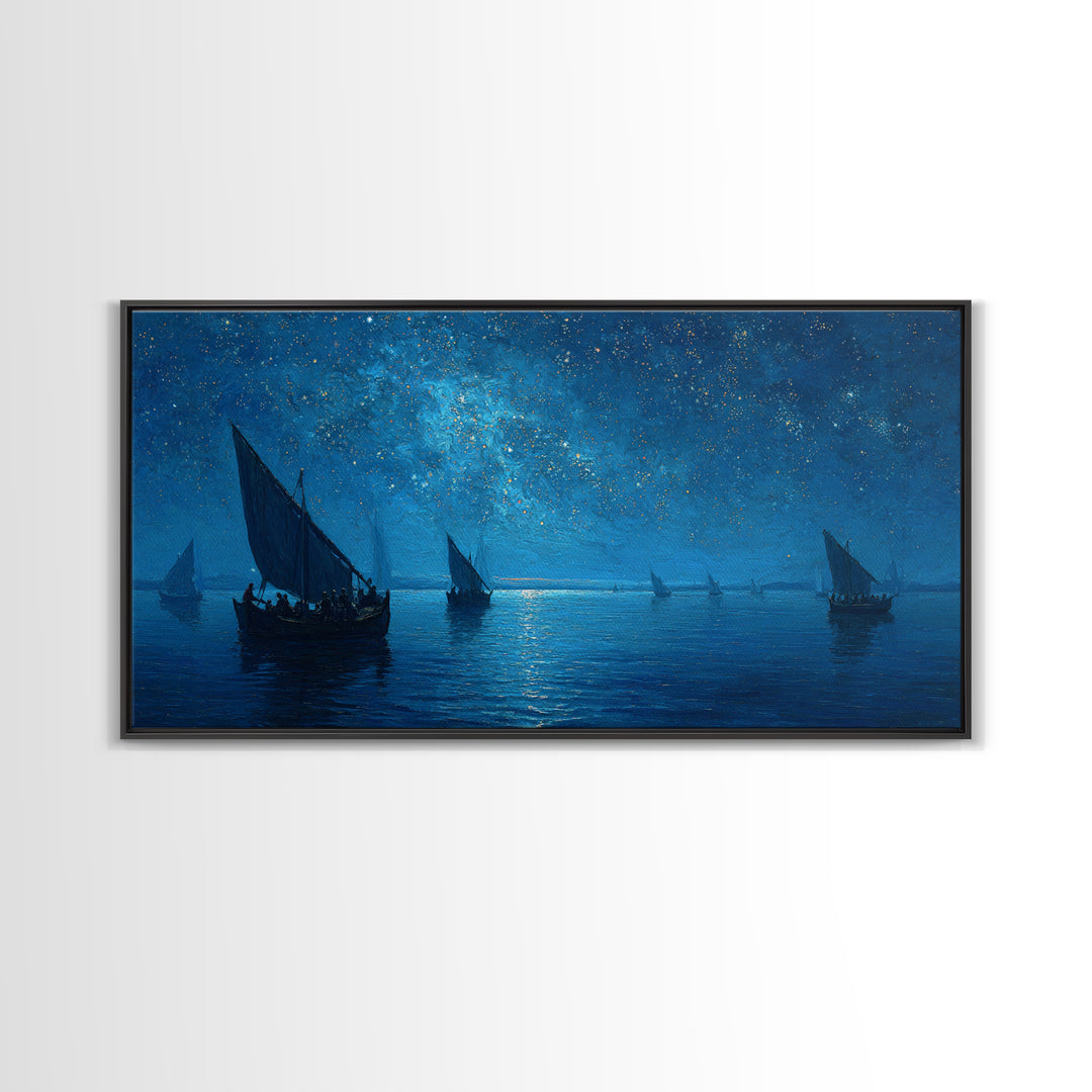 Starry Blue Night Sailboats Canvas Print, Nautical Seascape Wall Art, Coastal Bedroom Decor, Ocean Housewarming Gift For Her