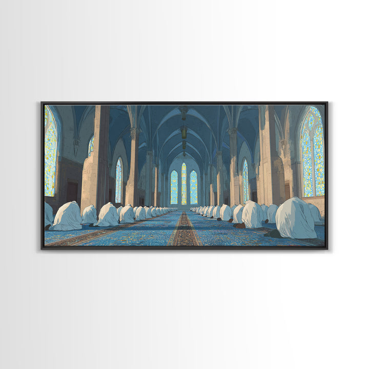 Praying Worshippers In Blue Mosque Framed Canvas Print, Islamic Wall Art, Spiritual Home Decor, Ramadan Housewarming Gift