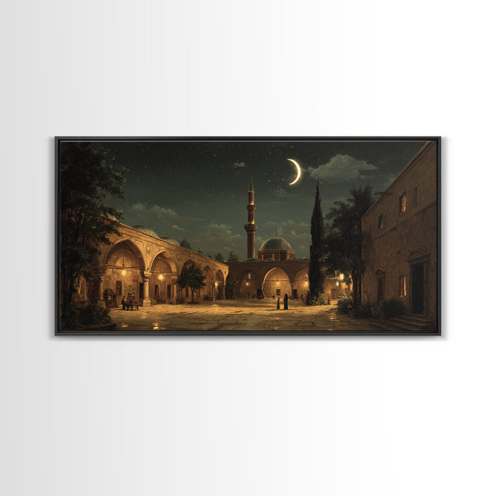 Crescent Moon Mosque Courtyard Wall Art, Islamic Framed Canvas Print, Celestial Night Decor For Prayer Room And Living Room