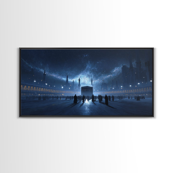 Kaaba Under Starry Blue Night Wall Art, Islamic Architecture Canvas Print, Ramadan Decor, Spiritual Travel Poster Gift Idea