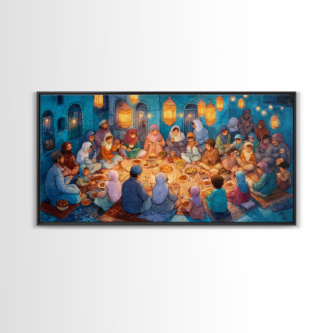 Ramadan Iftar Family Feast Under Lanterns Canvas Print, Islamic Wall Art, Eid Decor, Muslim Home Decor, Housewarming Gift