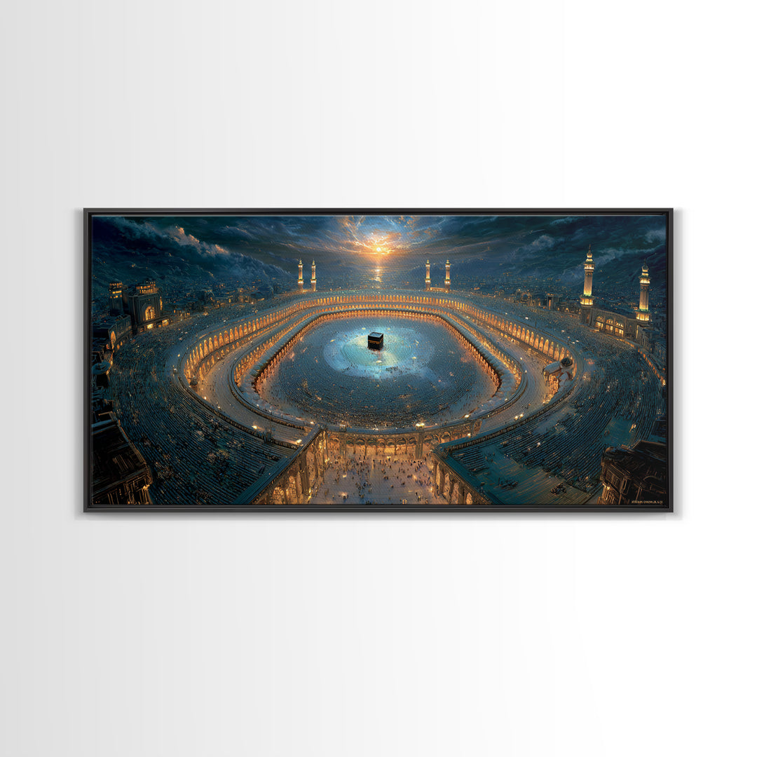 Aerial Kaaba Pilgrimage Wall Art, Islamic Framed Canvas Print, Mecca Mosque Spiritual Decor, Eid Muslim Housewarming Gift