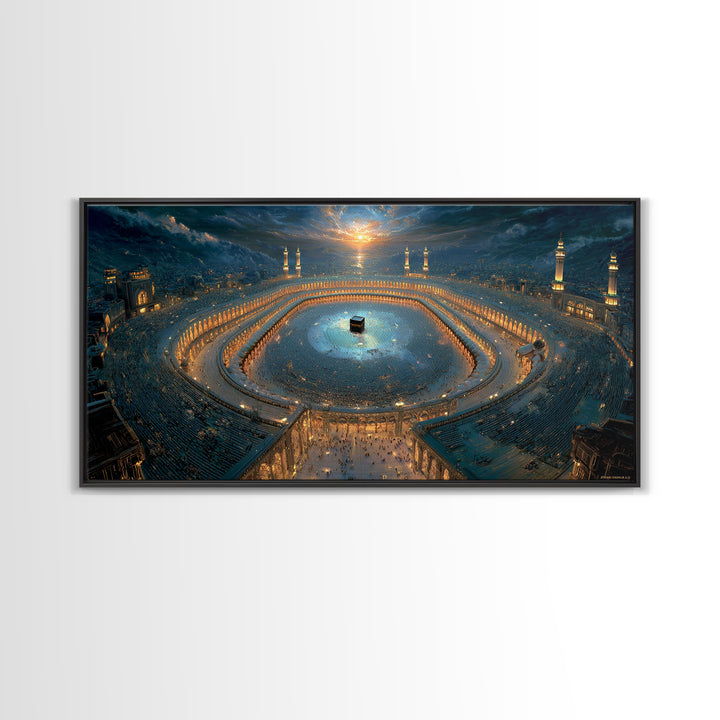 Aerial Kaaba Pilgrimage Wall Art, Islamic Framed Canvas Print, Mecca Mosque Spiritual Decor, Eid Muslim Housewarming Gift