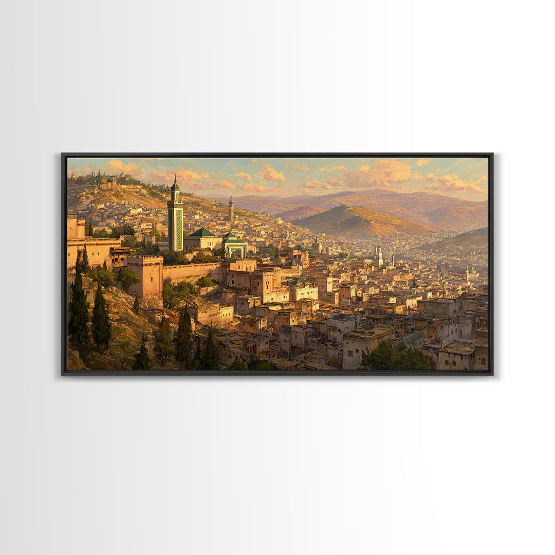 Golden Moroccan Medina Cityscape Canvas Print, Travel Poster Wall Art For Living Room Decor And Elegant Morocco Wall Decor